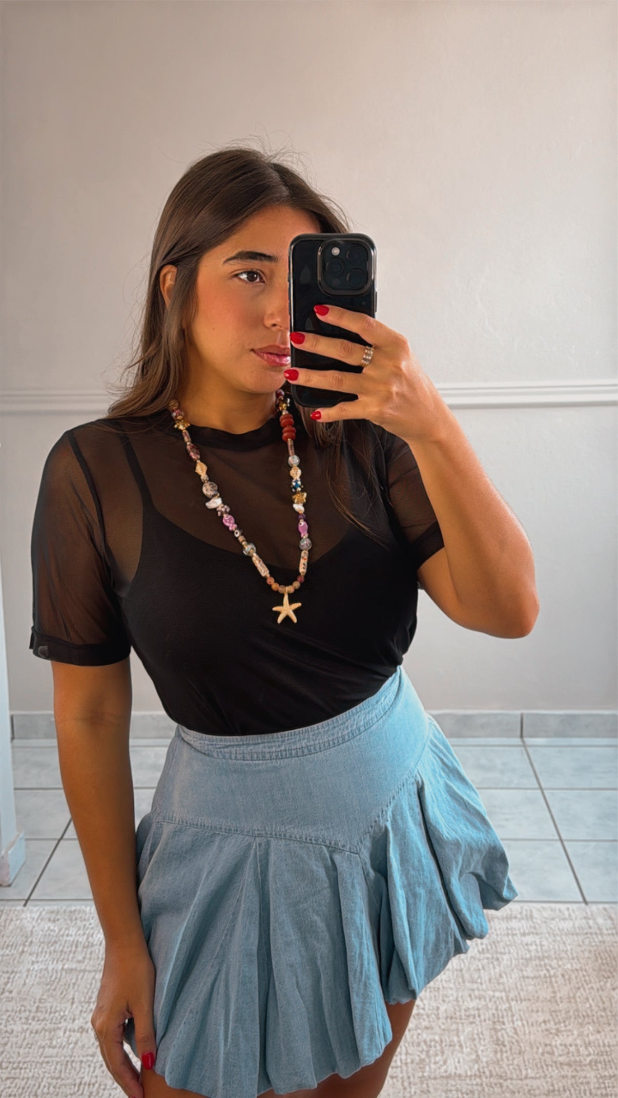 Denim Pleated Bubble Skirt