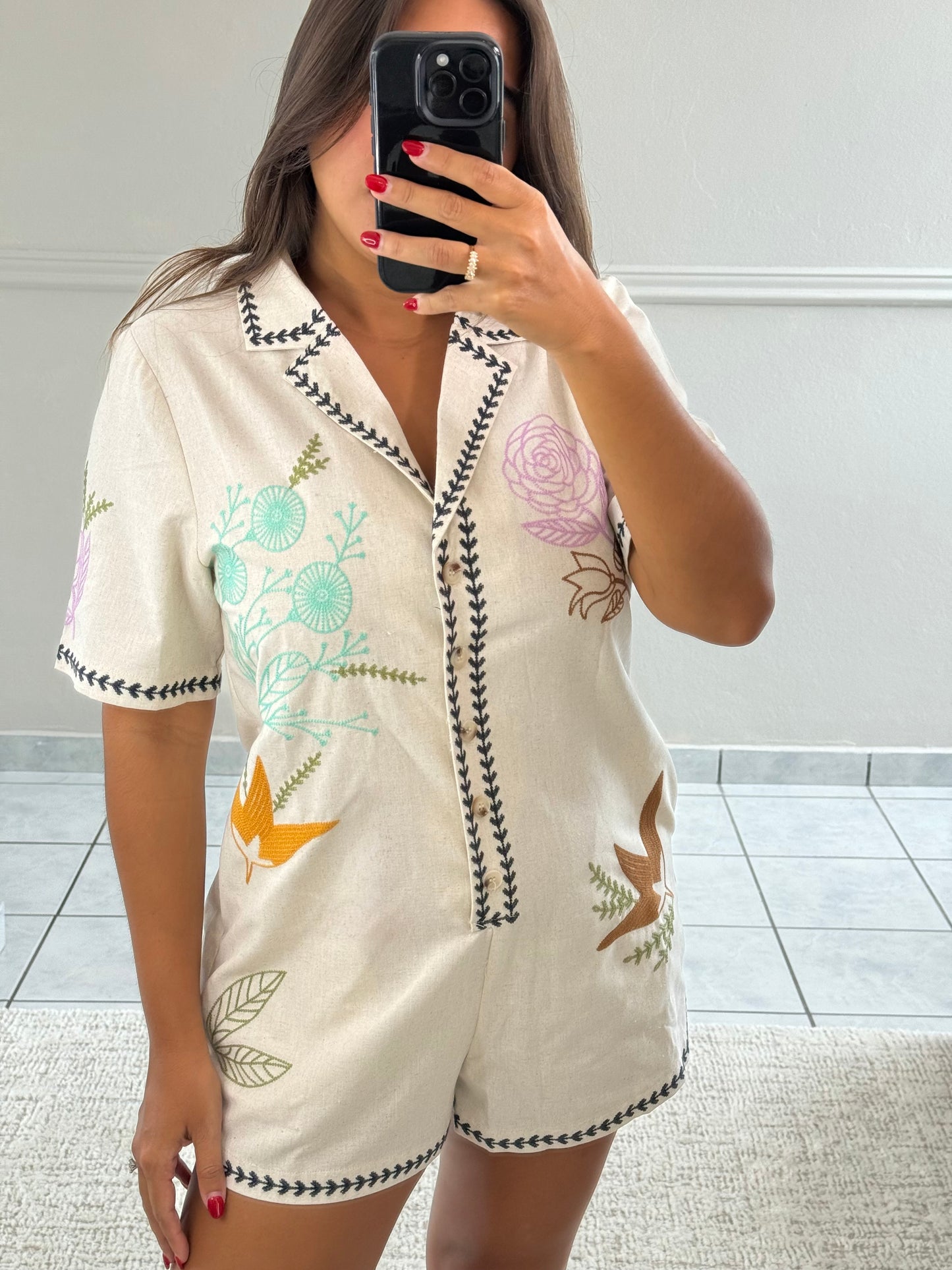Embroidered Button Down Romper