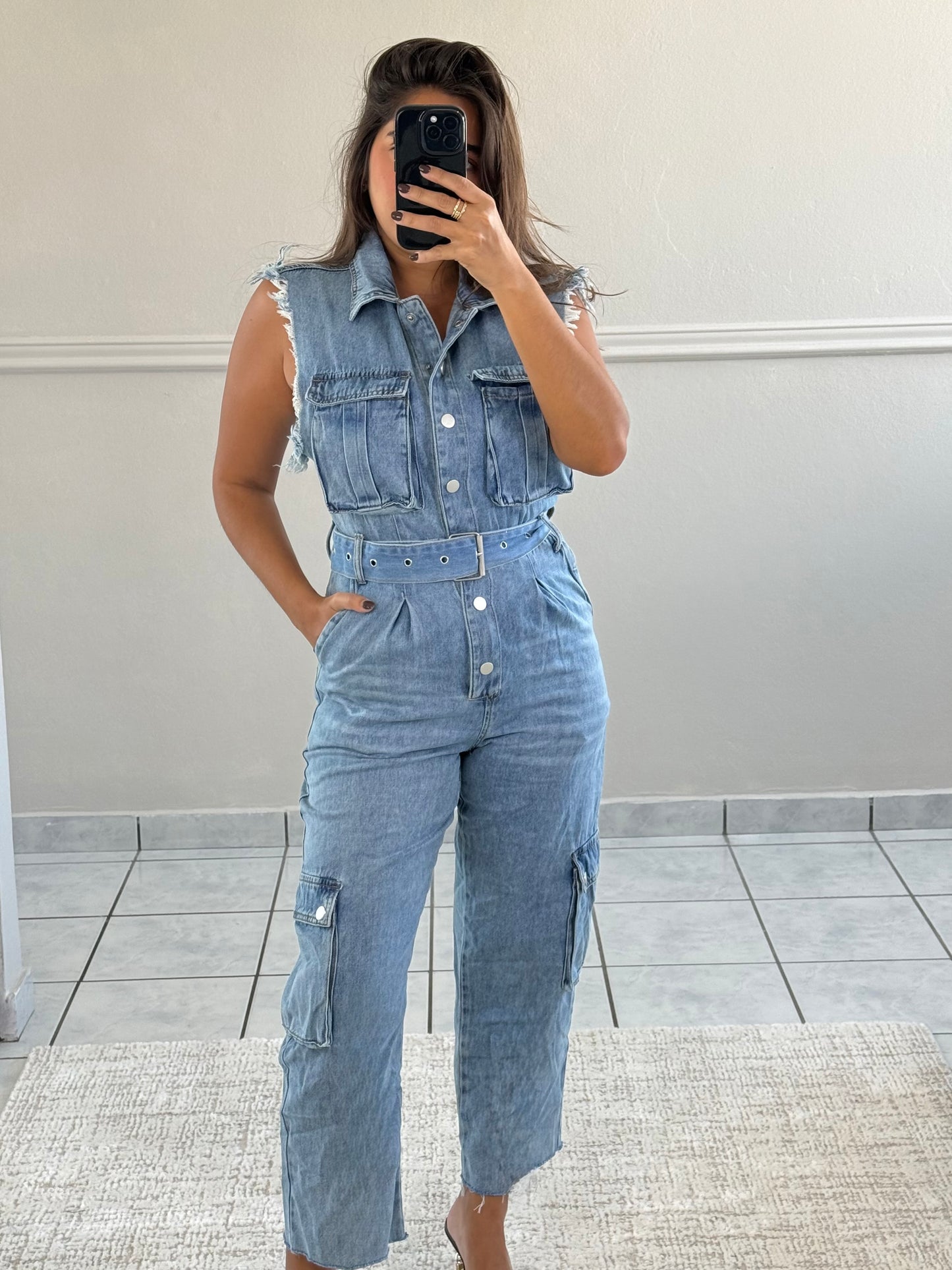 Belted Denim Cargo Overalls