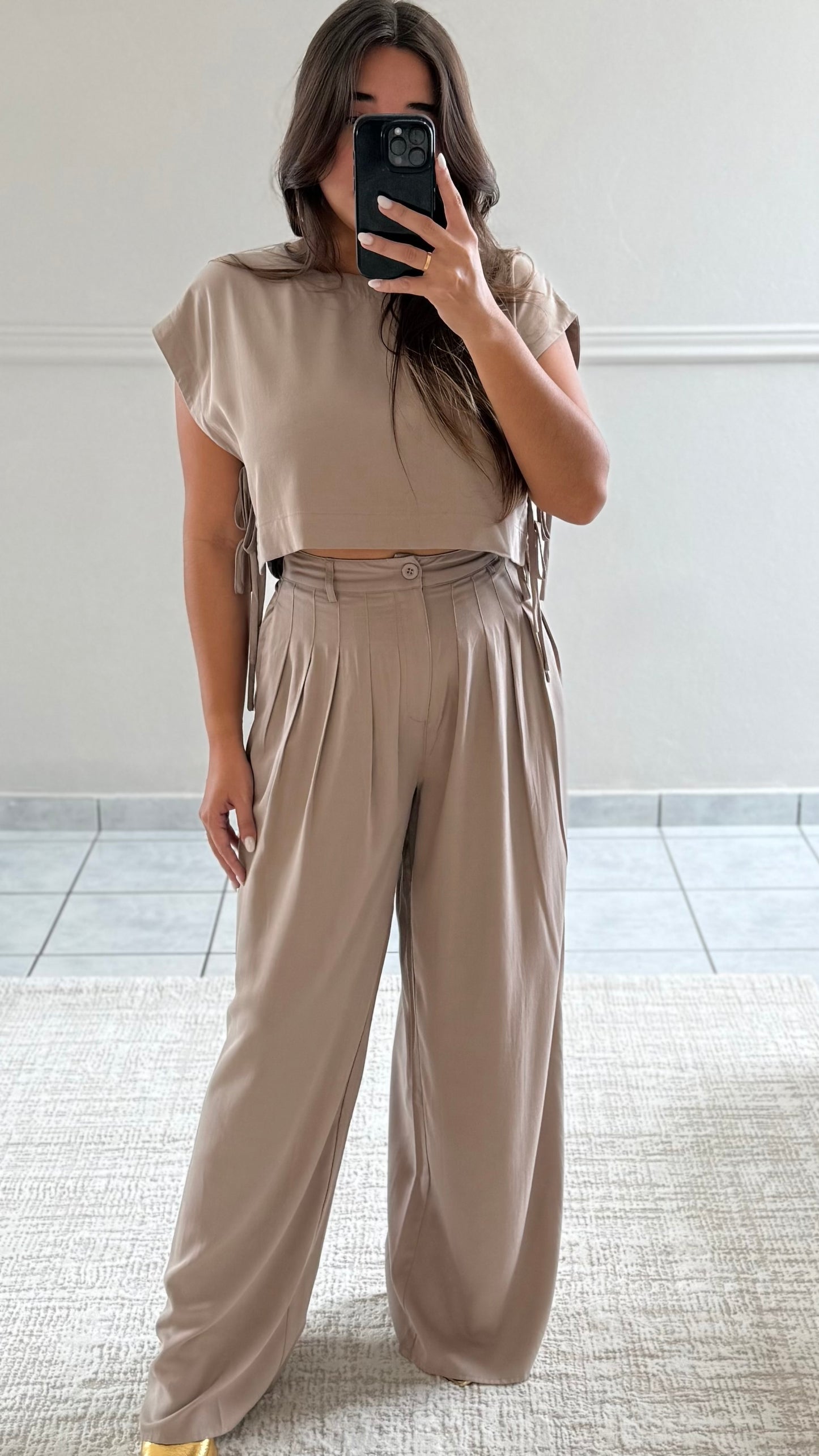 Pleated Wide Leg Pant Mocha Set