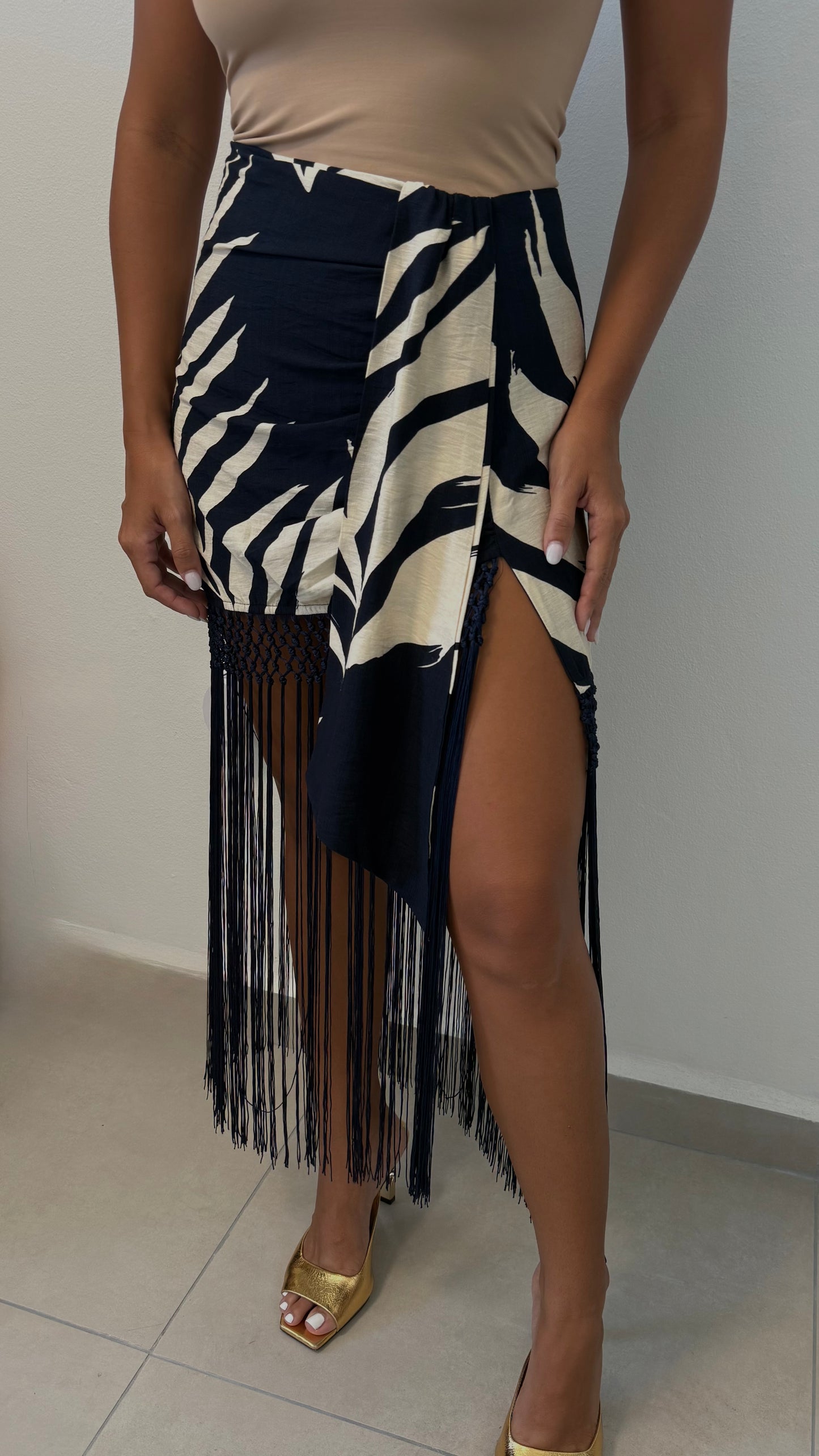 Tropical Navy Fringe Skirt