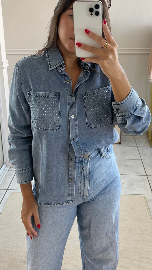 Denim Studded Button Up