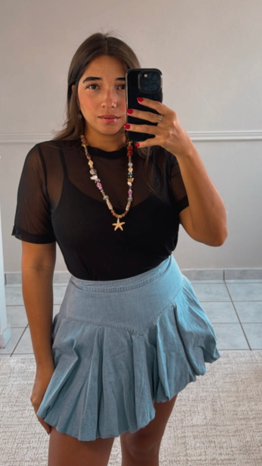 Denim Pleated Bubble Skirt