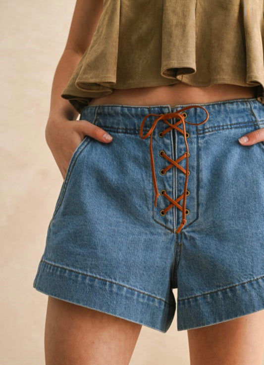 Lace Up Denim Shorts
